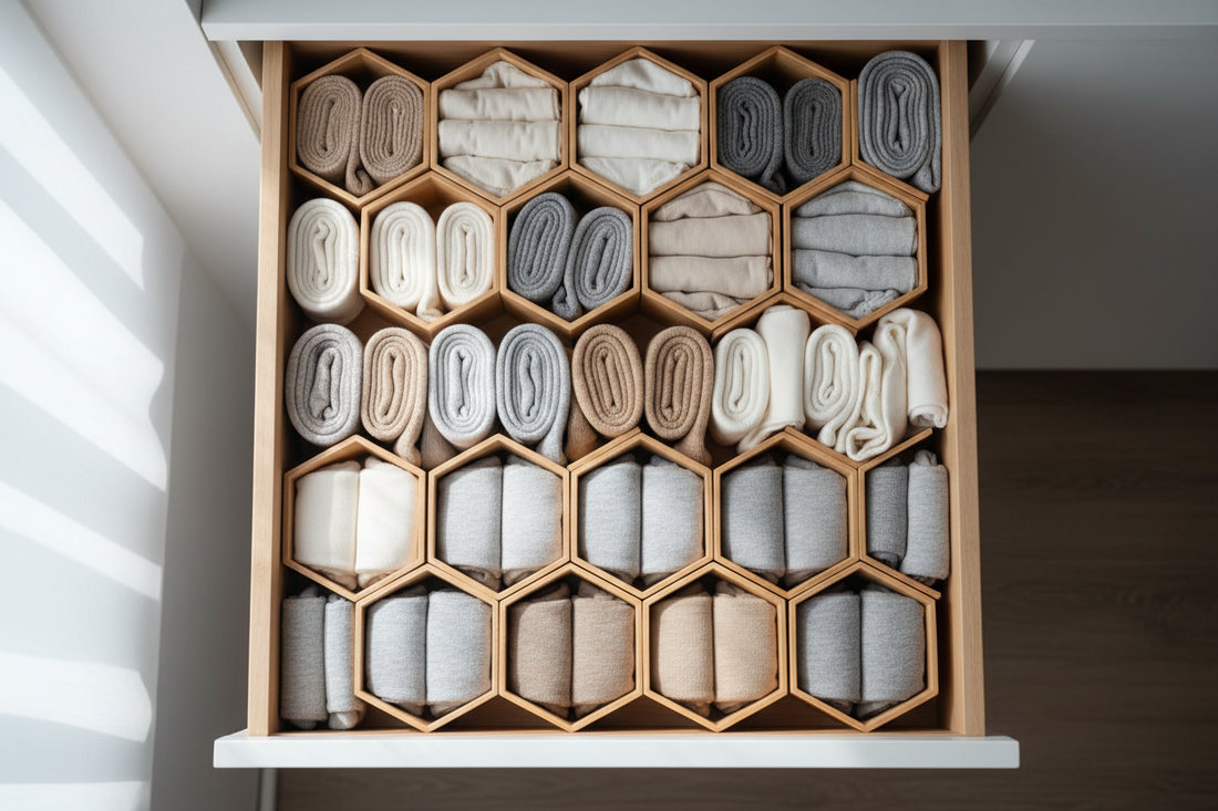 Organized bedroom drawer with honeycomb dividers for socks and underwear - Nordic minimalist style