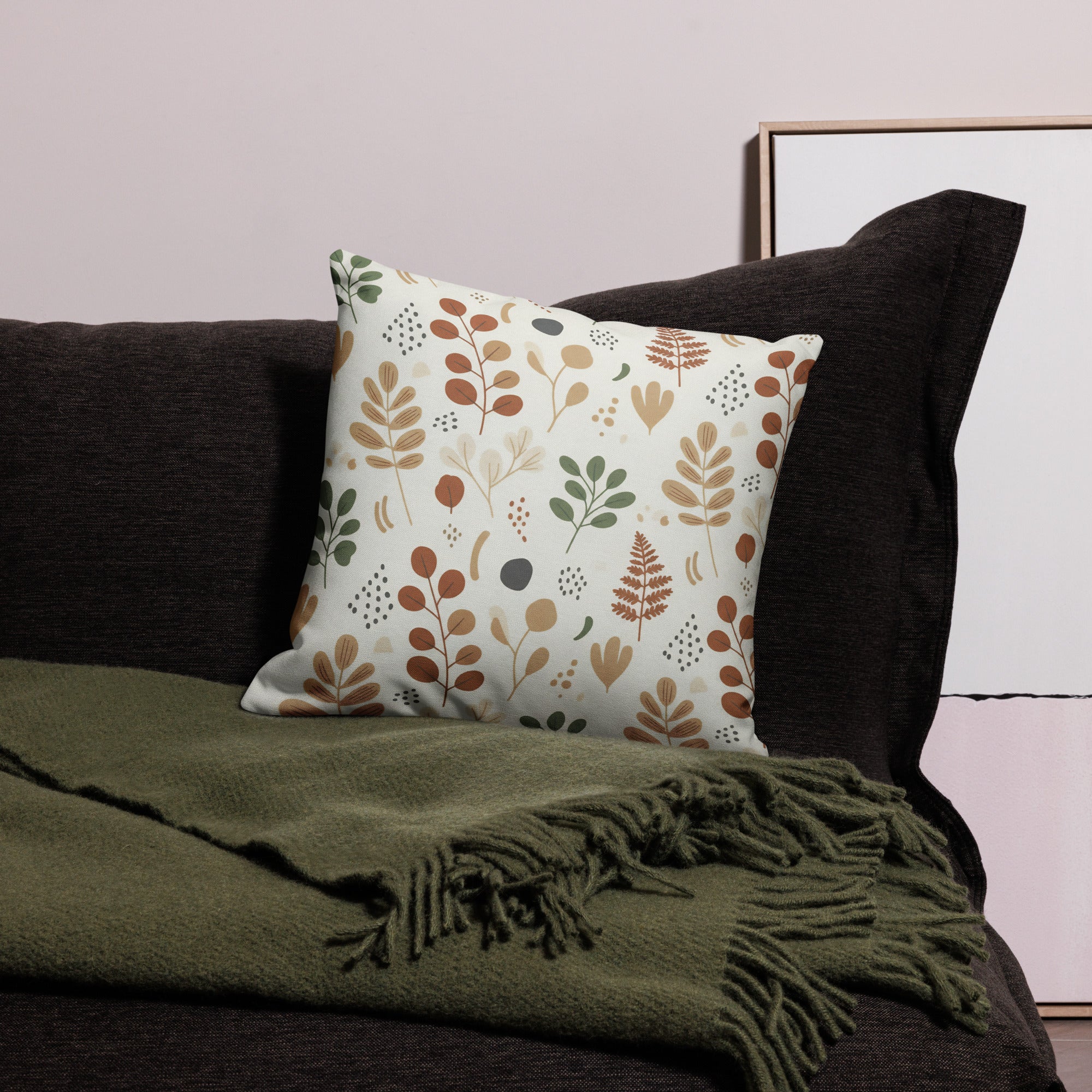 Close up of eucalyptus and fern botanical print on linen-feel pillow cover - minimalist Scandinavian design