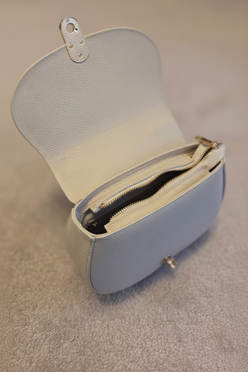 Sac Petra en cuir véritable blanc crème Made in Italy - vue intérieur ouvert montrant la doublure beige et la fermeture éclair dorée de qualité