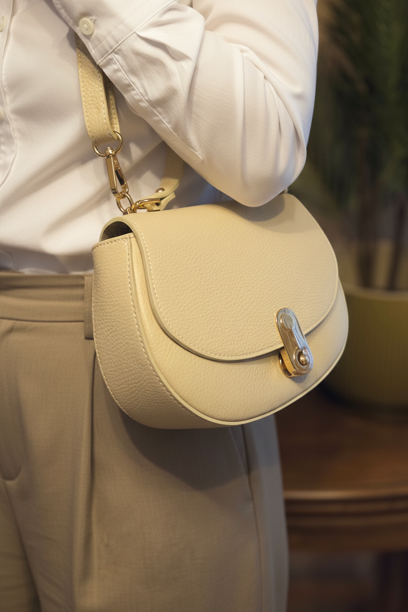 Sac à main Petra blanc crème en cuir véritable Made in Italy - porté épaule avec tenue élégante montrant le style polyvalent et raffiné