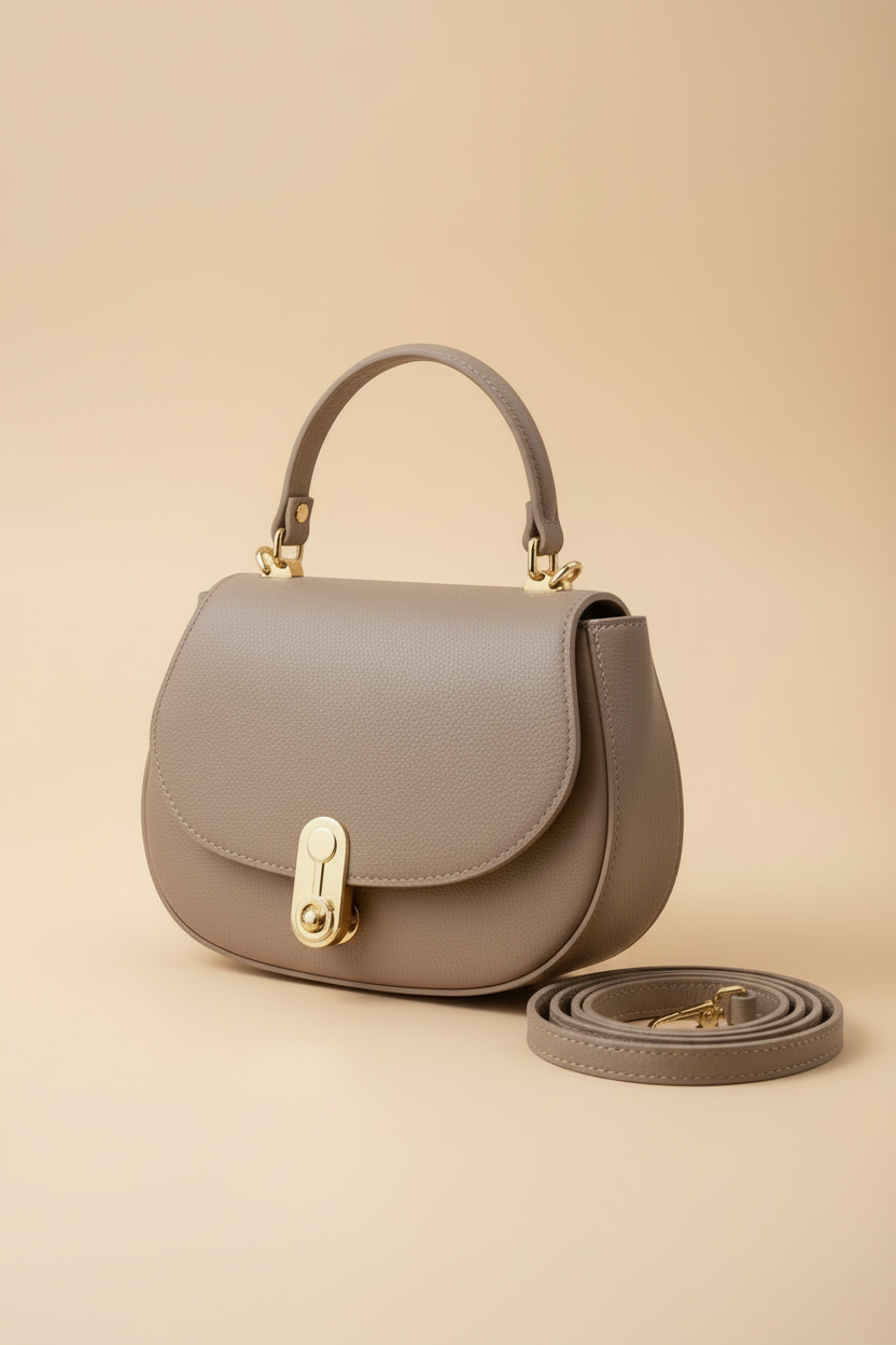 Sac à main Petra en cuir véritable taupe clair Made in Italy - coloris neutre intemporel avec bandoulière et finitions dorées premium