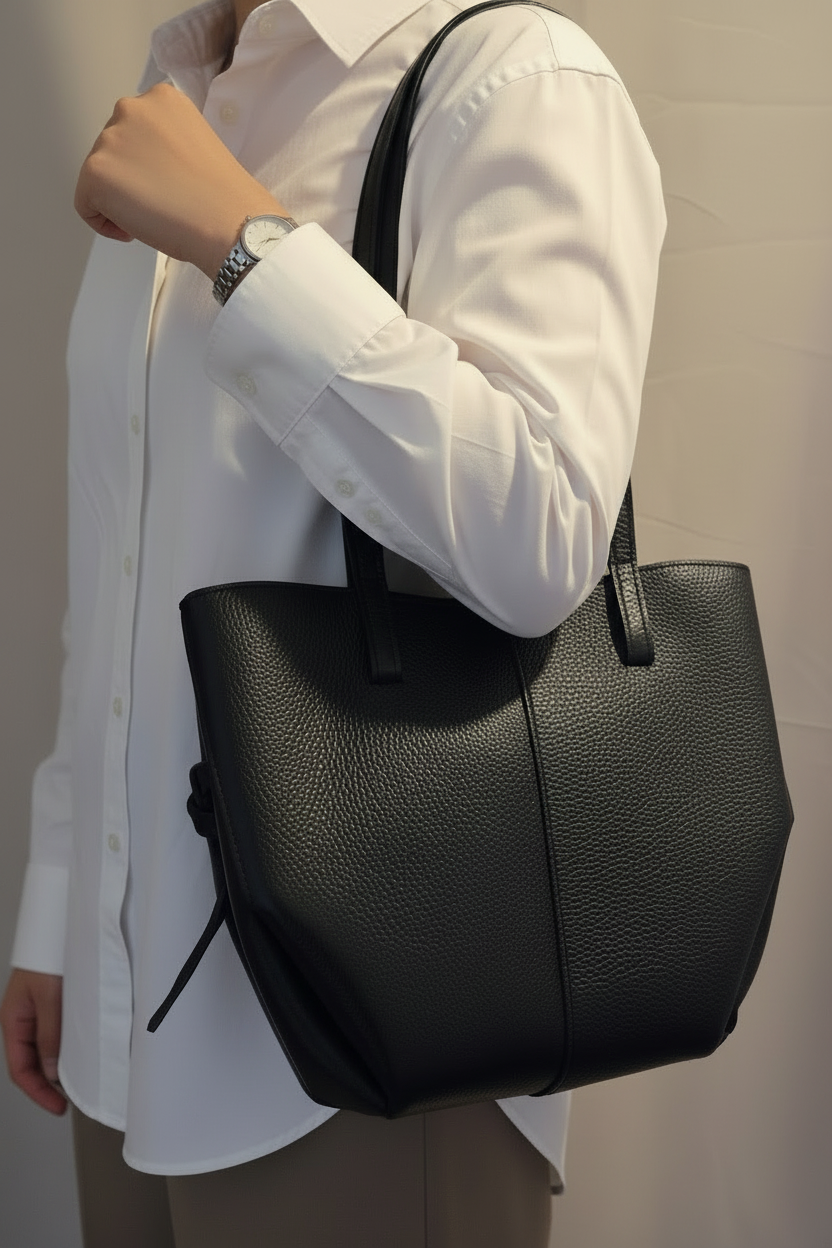 Sac cabas Bergen cuir véritable noir Made in Italy - porté avec tenue décontractée montrant la capacité et le style pratique du sac