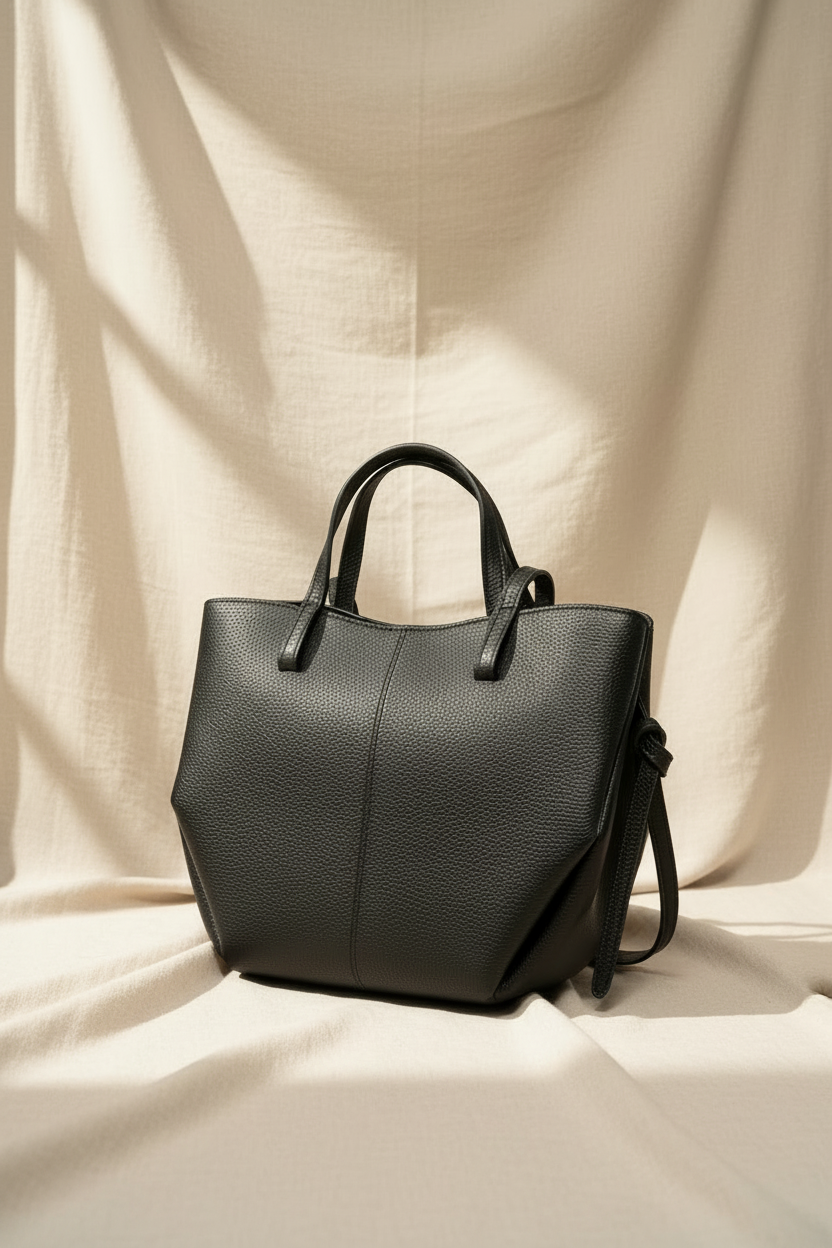 Sac cabas Bergen en cuir italien noir - mise en scène lifestyle montrant la polyvalence et l'élégance du sac au quotidien