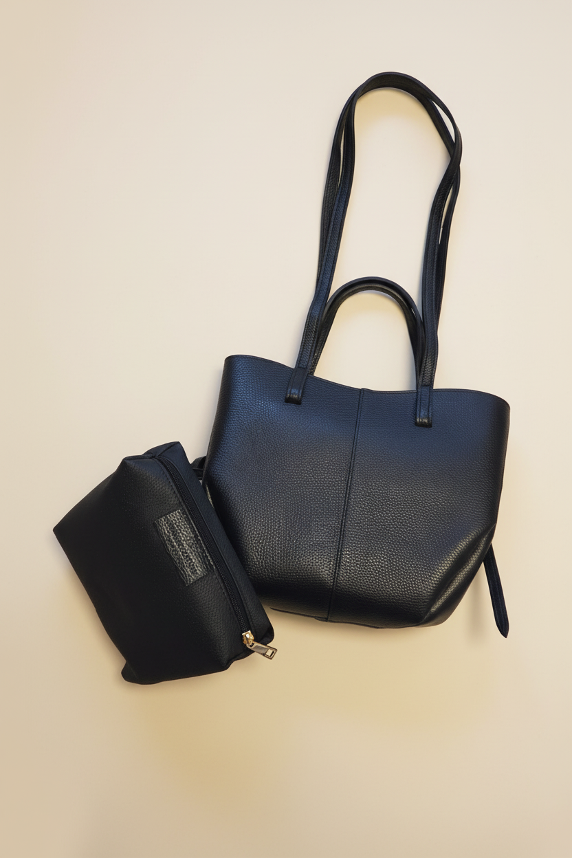 Sac cabas Bergen cuir véritable noir avec trousse coordonnée Made in Italy - ensemble complet pour un look sophistiqué et organisé