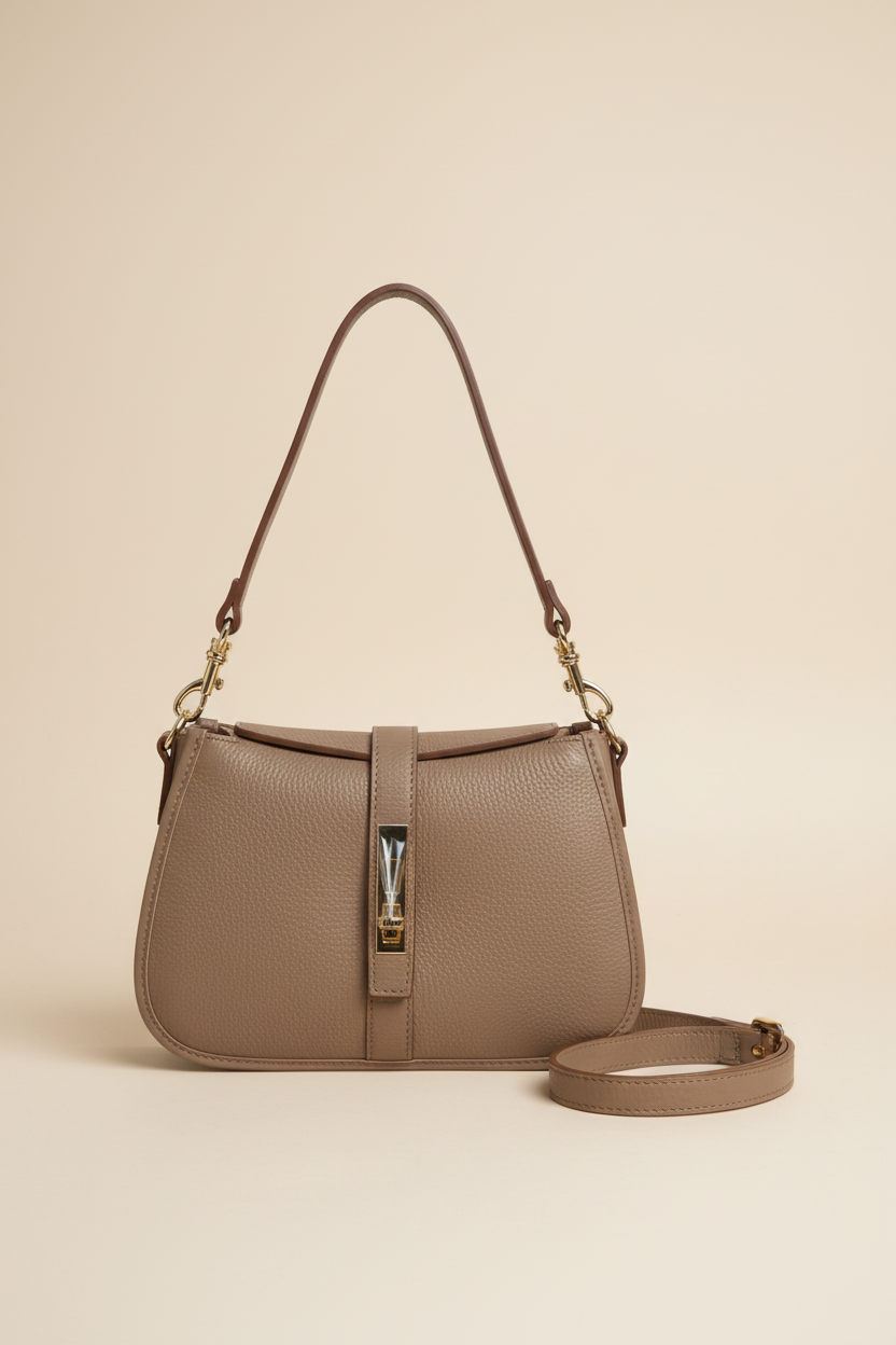 Sac Malmö en cuir véritable taupe beige Made in Italy - coloris neutre intemporel avec finitions dorées raffinées