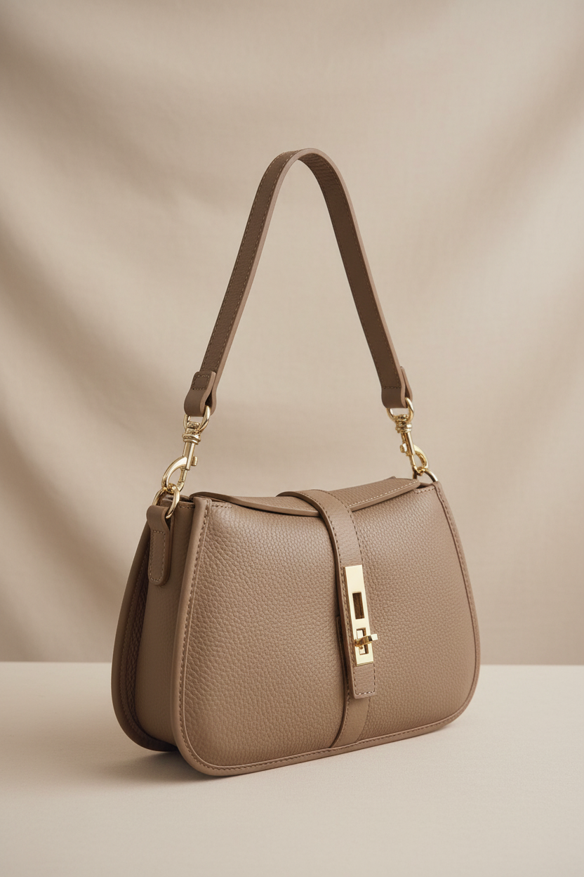 Sac à main Malmö cuir véritable taupe Made in Italy - gros plan sur les détails dorés et la fermeture éclair de qualité