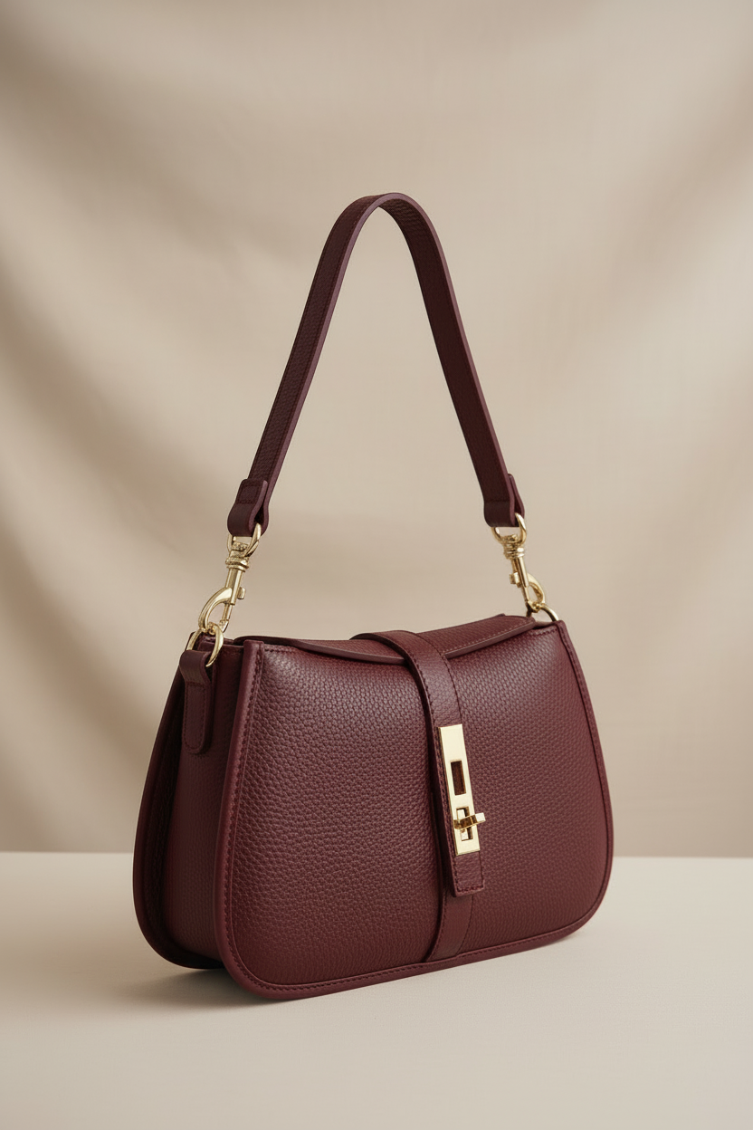 Sac à main Malmö en cuir véritable bordeaux Made in Italy - vue principale avec bandoulière assortie et détails dorés élégants