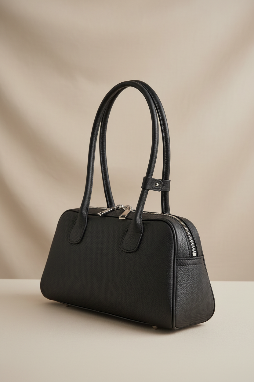 Sac à main Helsinki en cuir véritable noir Made in Italy - vue complète montrant la forme structurée et tous les détails de finition argenté