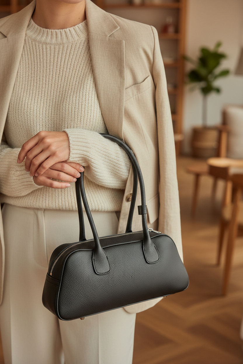 Sac Helsinki cuir véritable noir - porté main avec bandoulière réglable montrant le style élégant et polyvalent Made in Italy