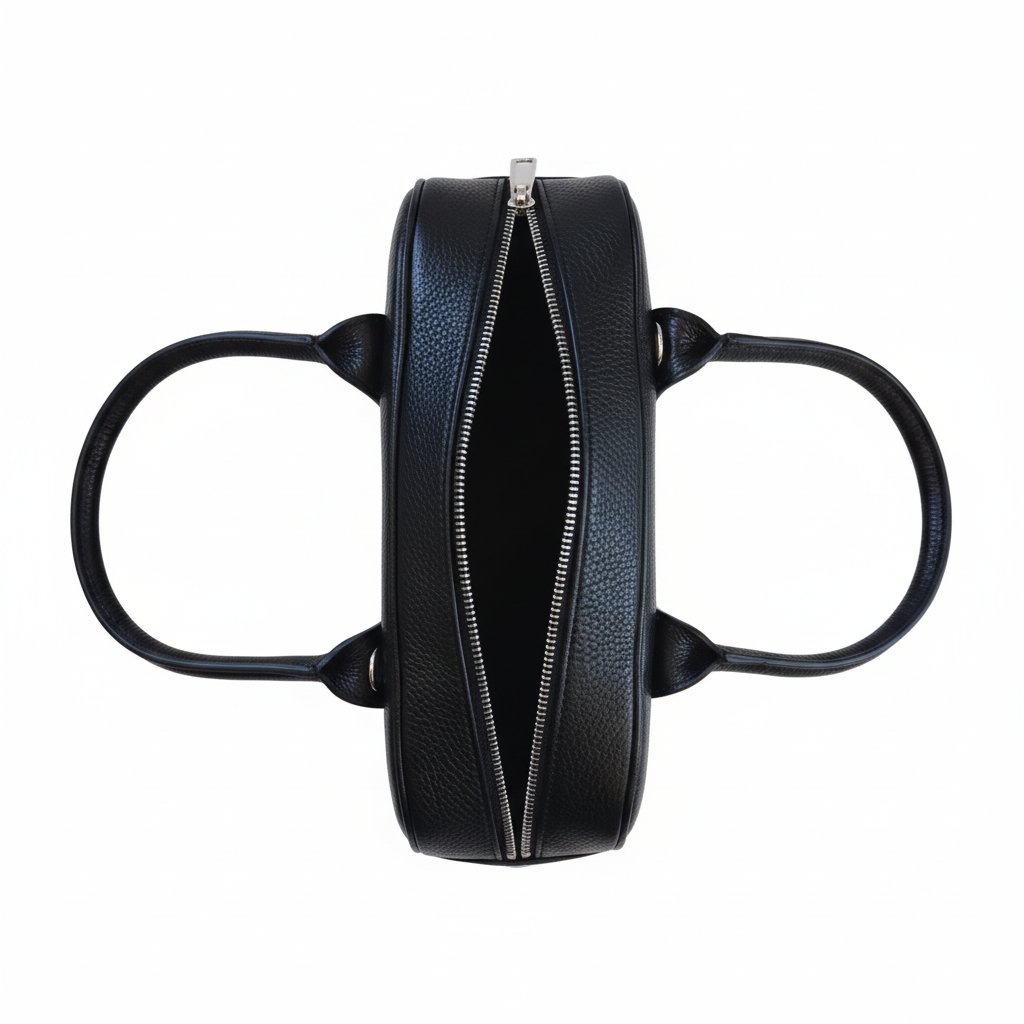 Sac à main Helsinki en cuir véritable noir Made in Italy - vue de dessus montrant la fermeture éclair argentée, la texture du cuir grainé et les anses en cuir