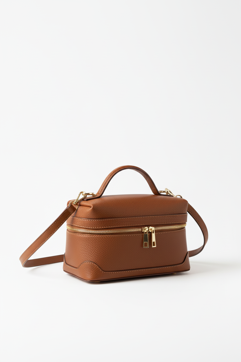 Sac Oslo cuir véritable caramel foncé Made in Italy - vue de face détaillée montrant la forme structurée et les détails raffinés