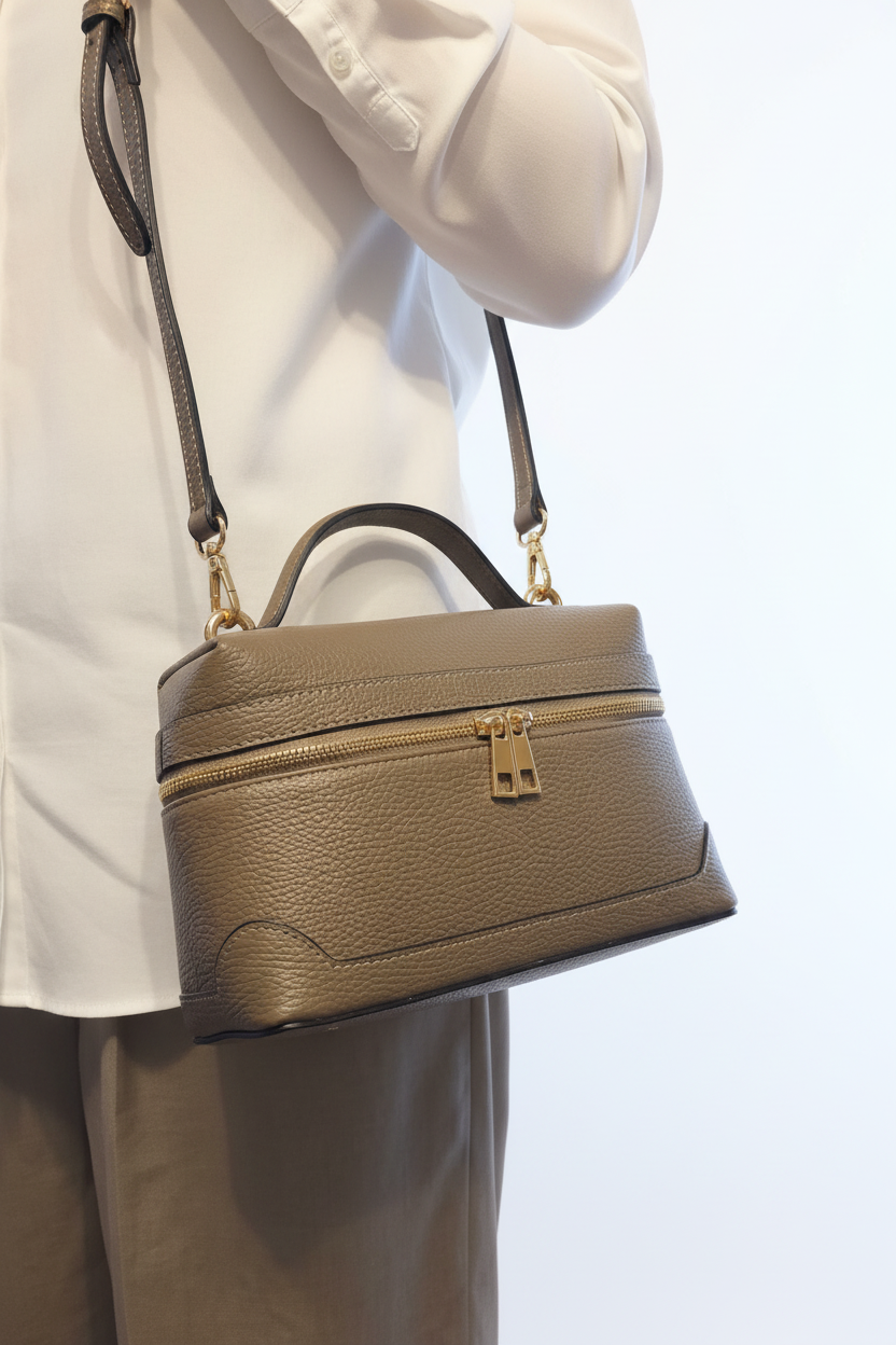 Sac à main Oslo taupe en cuir italien - porté épaule avec bandoulière réglable pour un style polyvalent et sophistiqué