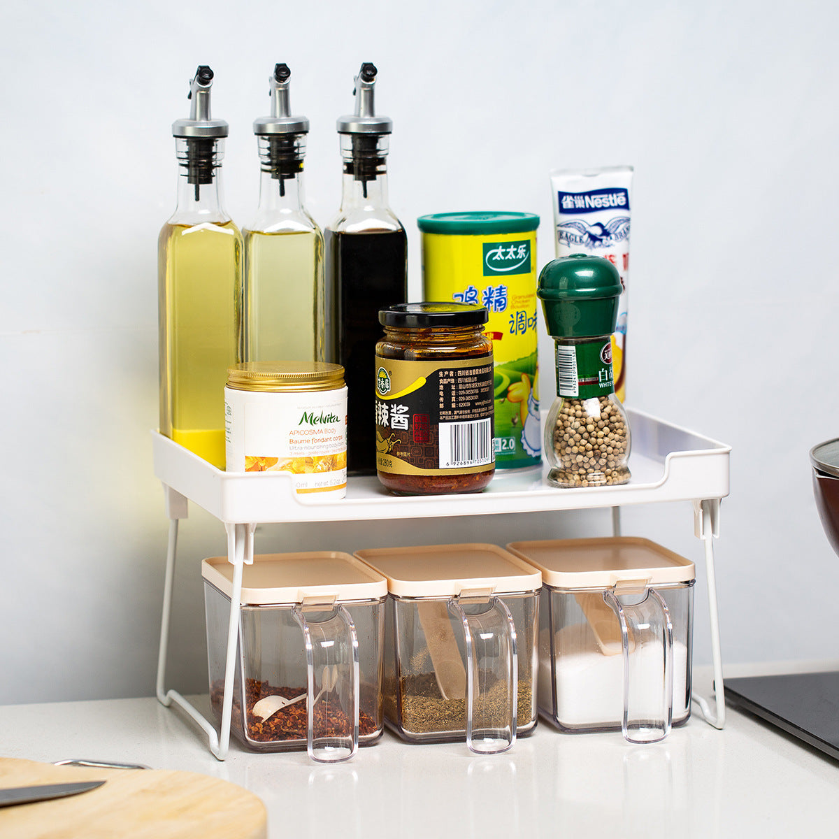 Smart strogare rack for kitchen with various condiments  with white surface