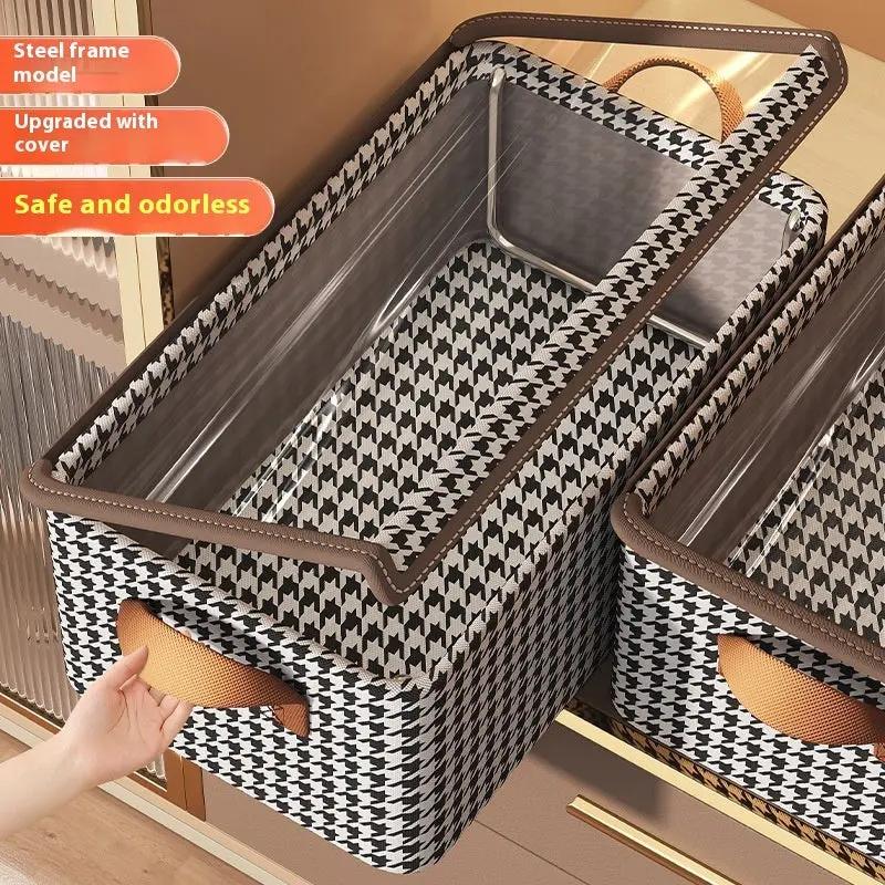 Close-up of handle and fabric details of foldable clothes storage box