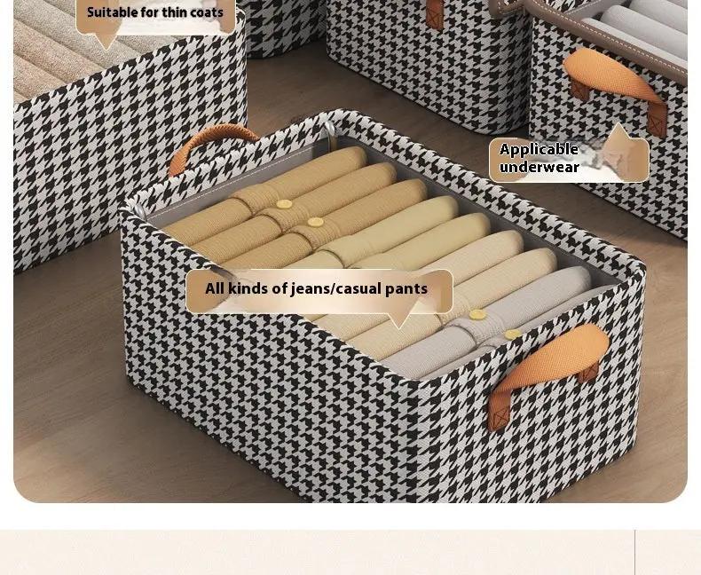 Close-up of handle and fabric details of foldable clothes storage box