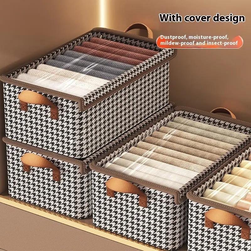 Front view of medium foldable clothes storage box with lid