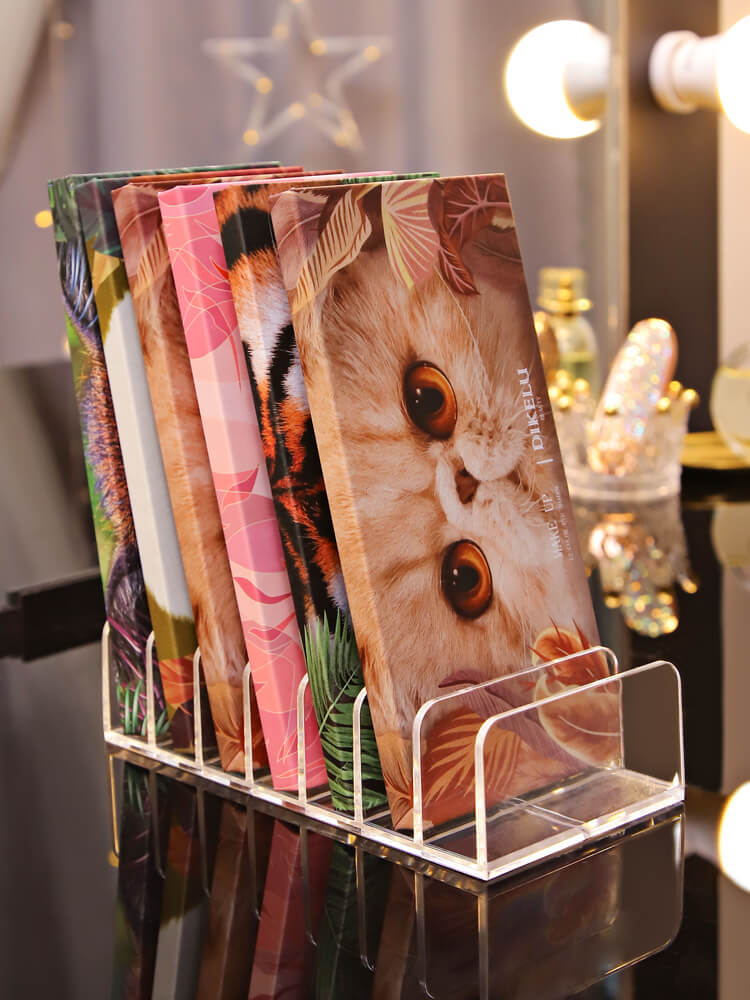 Close-up detail of makeup organizer box compartments